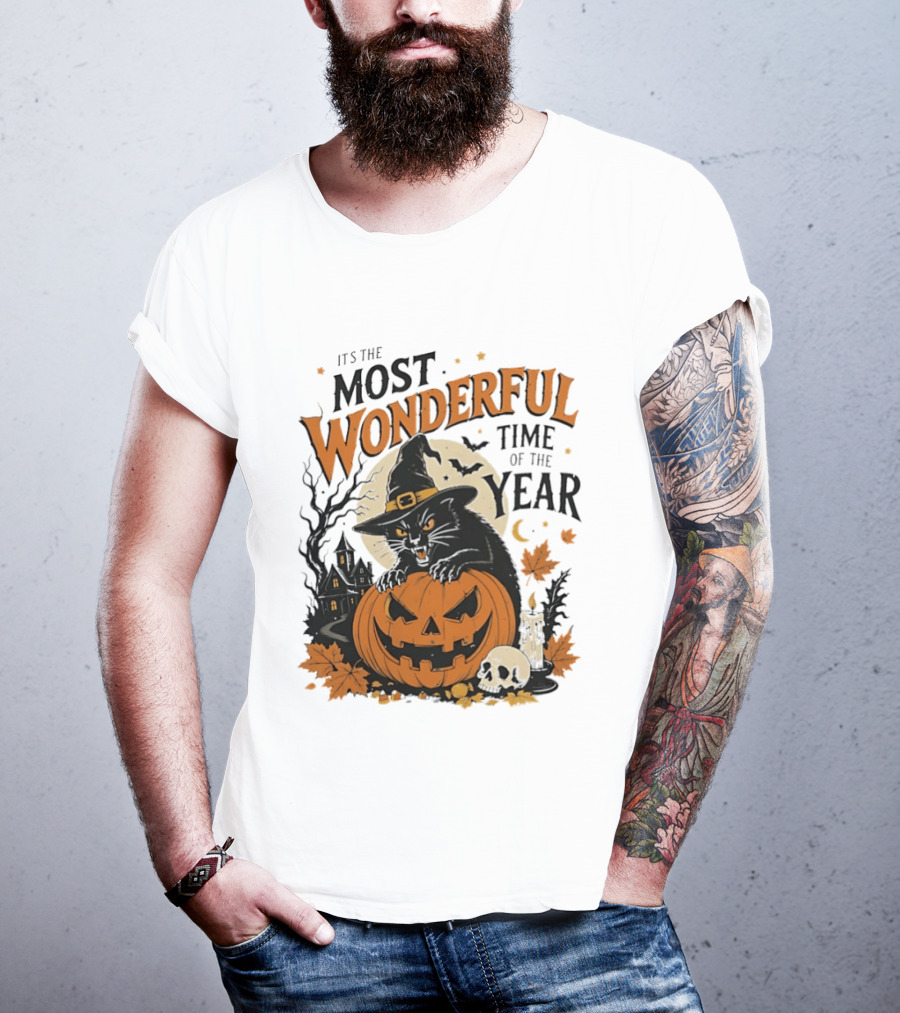 It's The Most Wonderful Time Of The Year Witch Cat And Pumpkin Halloween T-Shirt