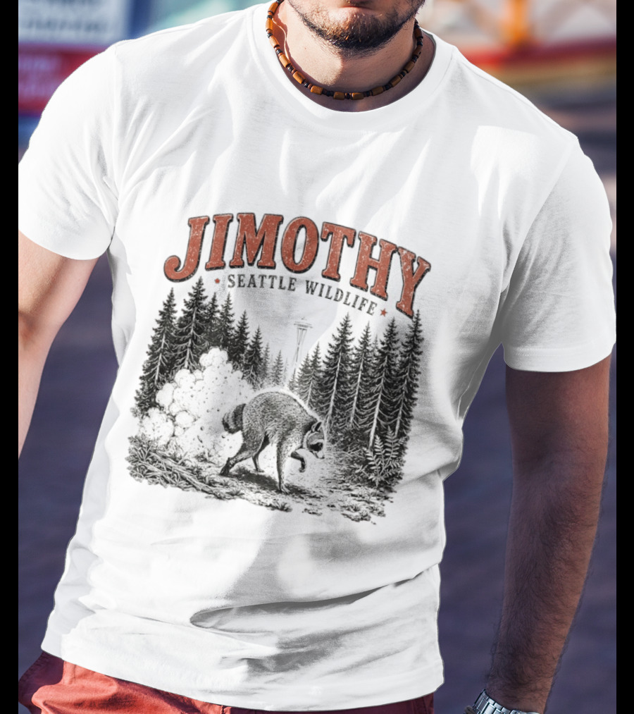 Jimothy Seattle Wildlife Raccoon With Space Needle Forest Scene T-Shirt