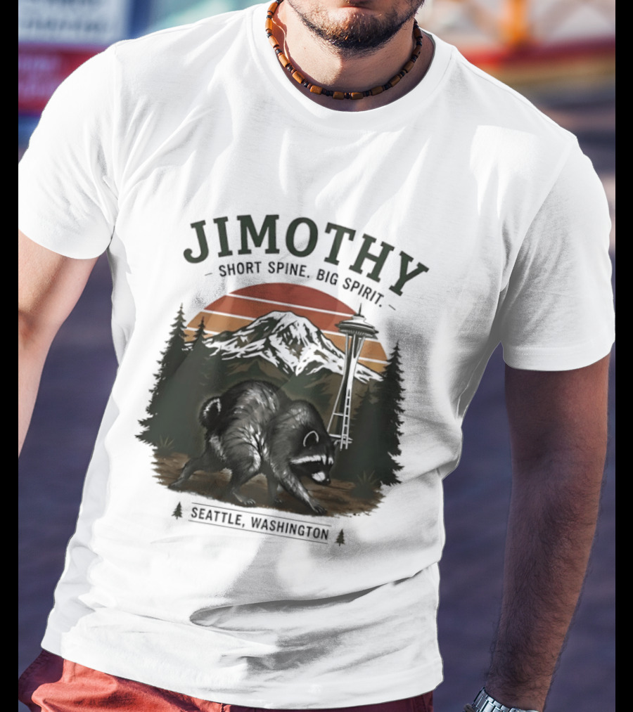 Jimothy Short Spine Big Spirit Bear Seattle Washington Skyline Sunset T-Shirt