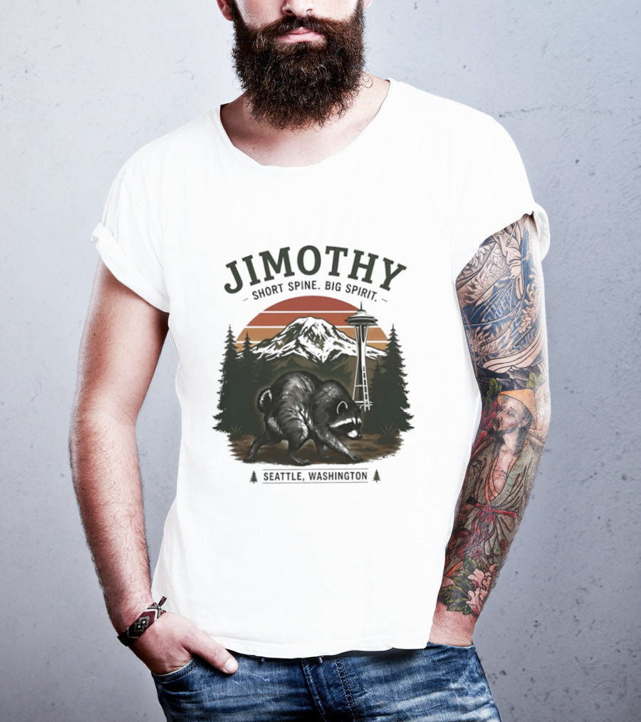 Jimothy Short Spine Big Spirit Bear Seattle Washington Skyline Sunset T-Shirt
