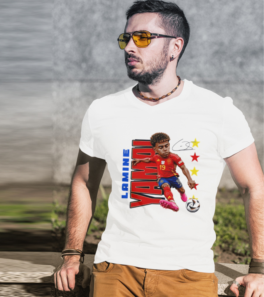 Lamine Yamal No 19 Spain National Team Soccer Star With Signature And Stars T-Shirt