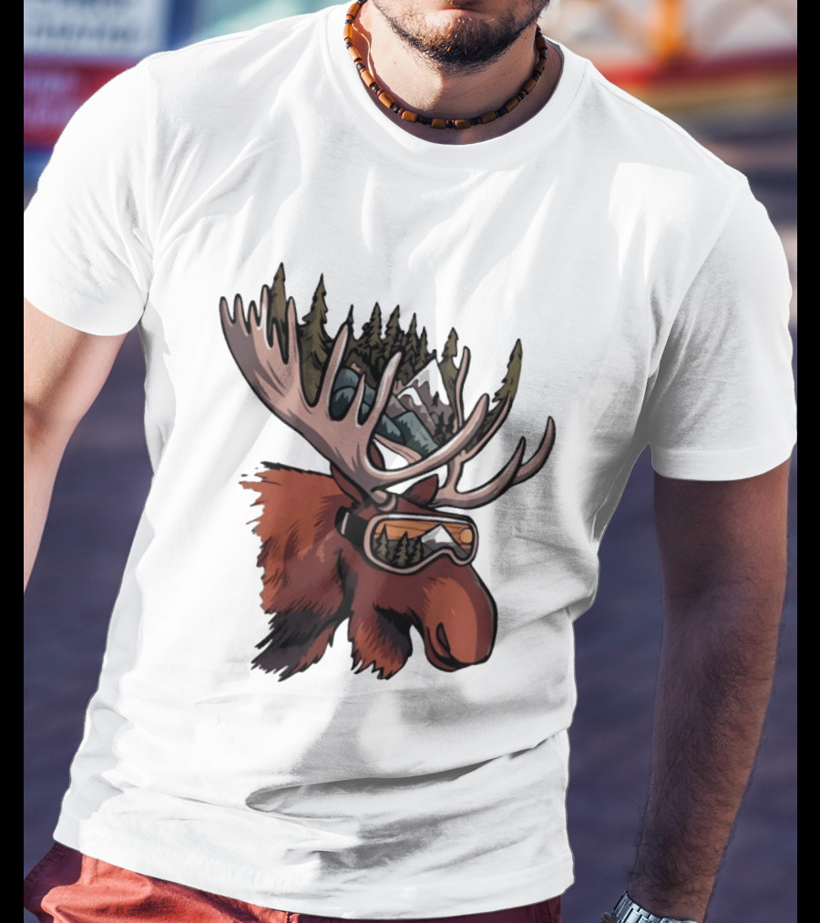 Moose With Ski Goggles And Mountain Forest Antlers Adventure Scene T-Shirt