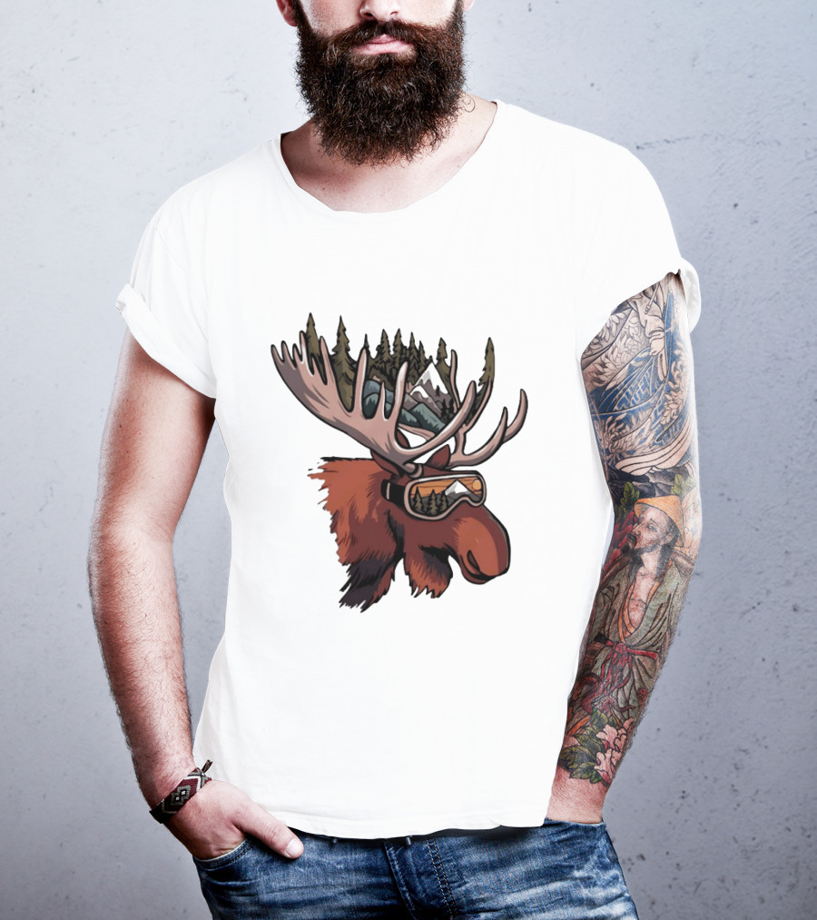 Moose With Ski Goggles And Mountain Forest Antlers Adventure Scene T-Shirt