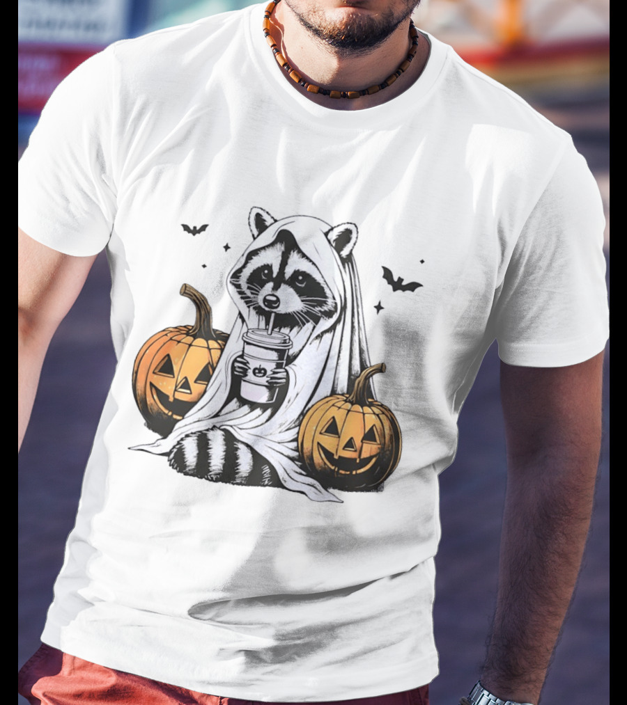 Raccoon Ghost With Iced Coffee And Jack O' Lanterns Halloween T-Shirt