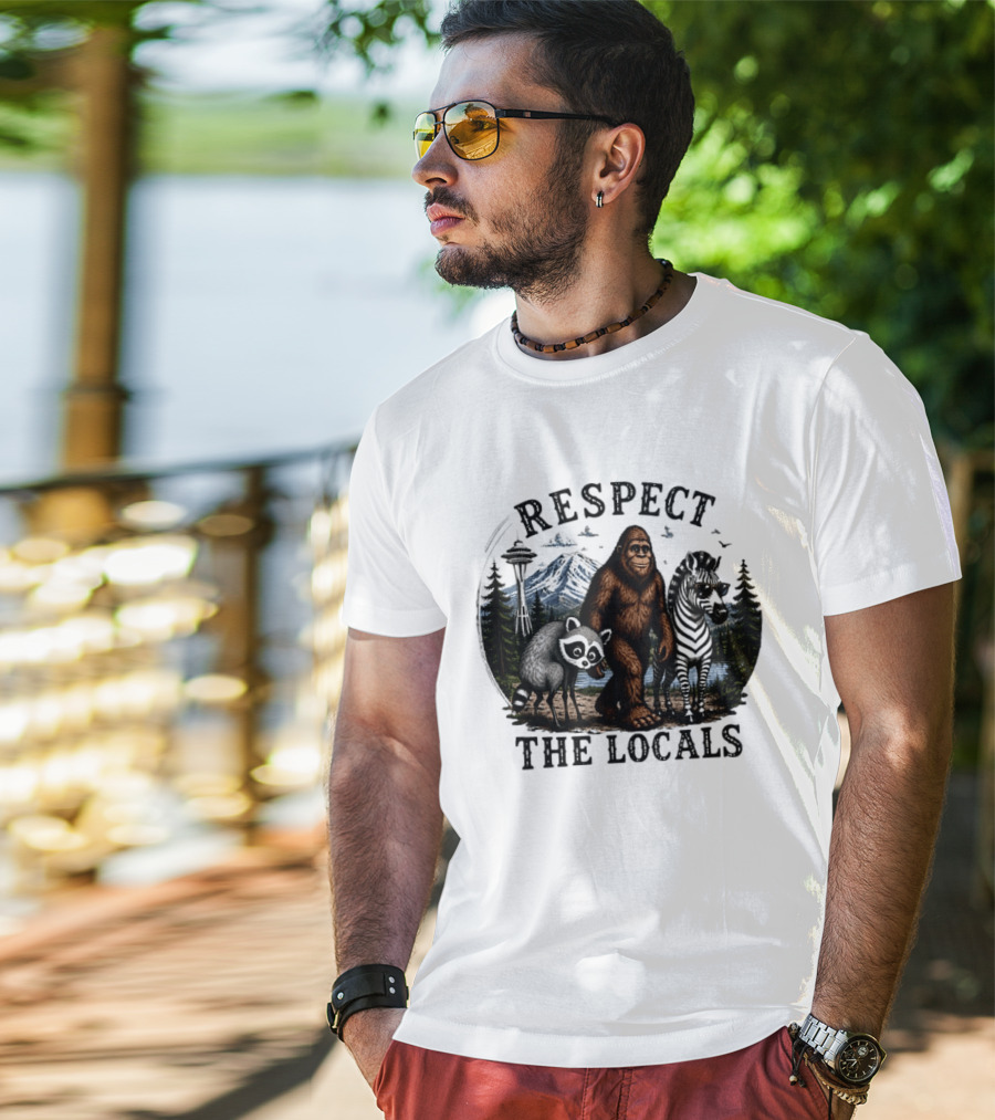 Respect The Locals Bigfoot Raccoon Zebra Seattle Space Needle Forest Scene T-Shirt