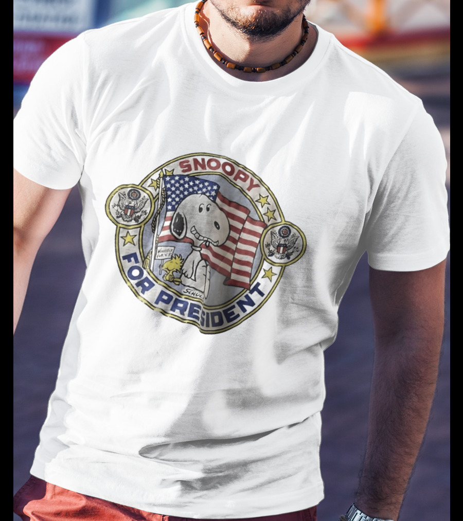Snoopy For President Schulz Woodstock VP American Flag Oval Seal T-Shirt