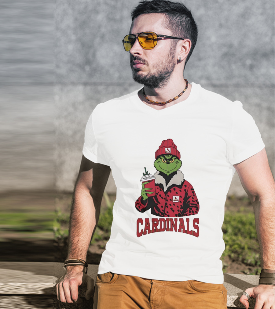 The Grinch In St Louis Cardinals Jacket With Coffee Christmas T-Shirt