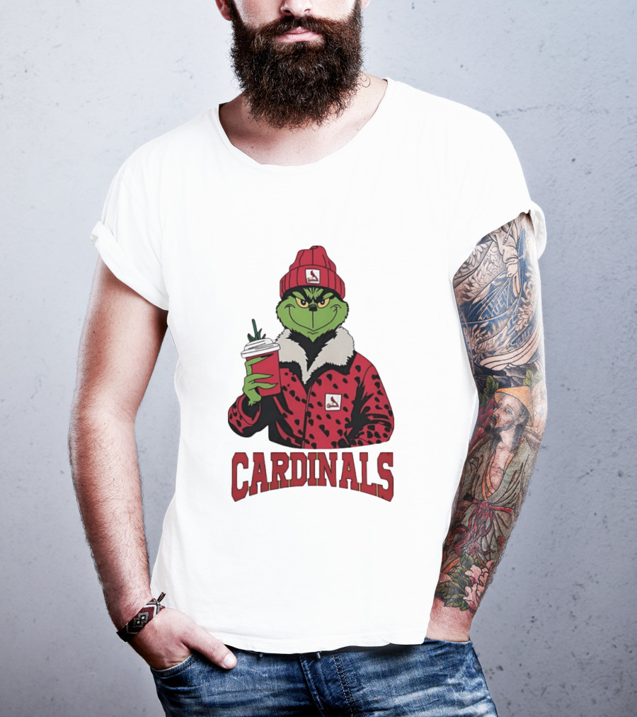 The Grinch In St Louis Cardinals Jacket With Coffee Christmas T-Shirt