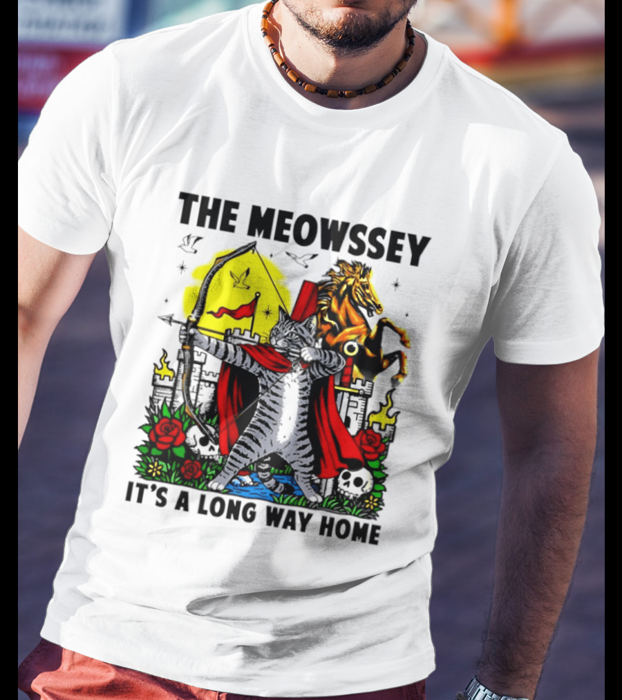 The Meowssey It's A Long Way Home Cat Archer With Red Cape And Horse T-Shirt