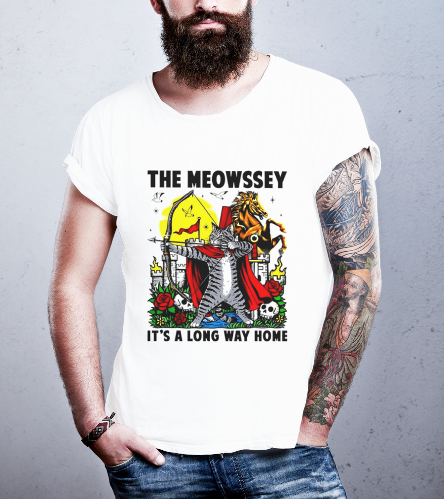 The Meowssey It's A Long Way Home Cat Archer With Red Cape And Horse T-Shirt