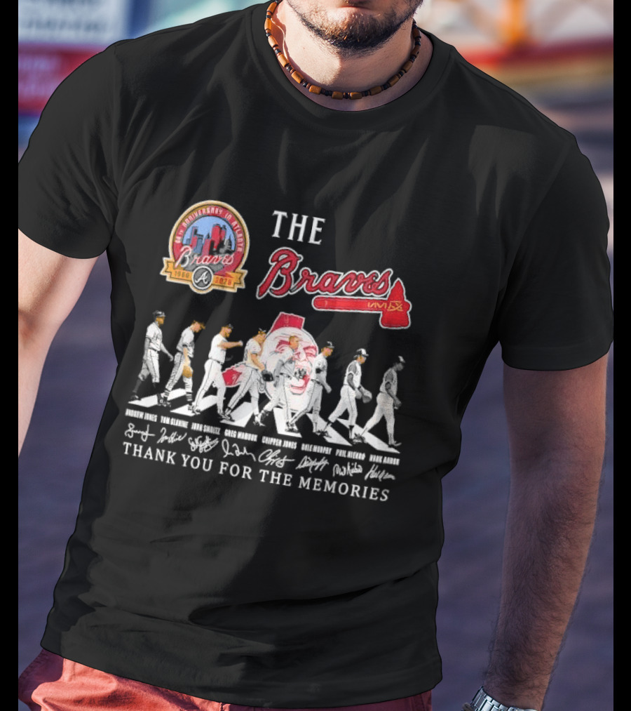 Atlanta Braves 60th Anniversary Legends Hank Aaron John Smoltz Greg Maddux Chipper Jones Thank You For The Memories T-Shirt