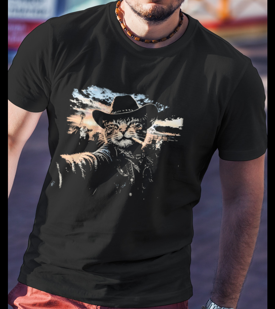 Cowboy Cat Smoking Selfie Sunset Western Sky Scene T-Shirt
