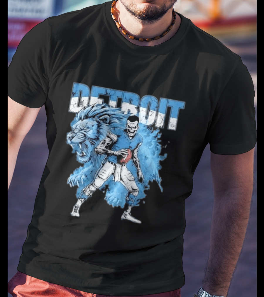 Detroit Lions Zombie Quarterback With Football And Fierce Lion T-Shirt