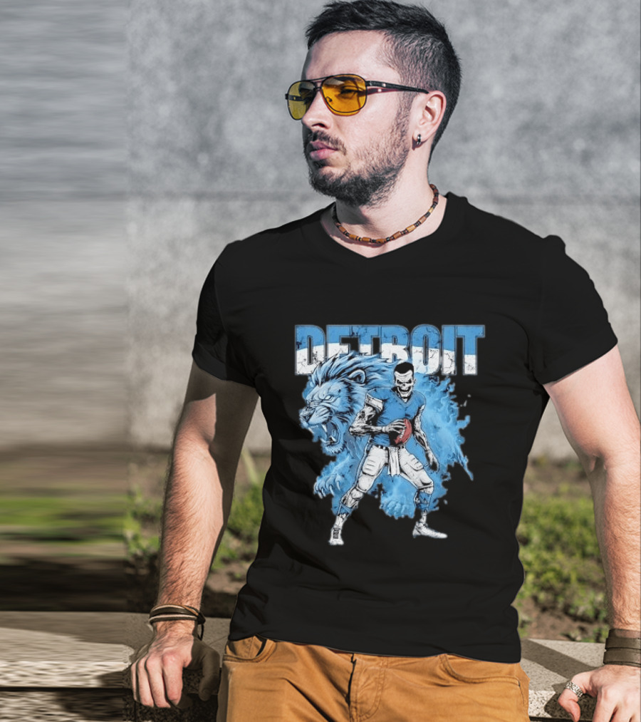Detroit Lions Zombie Quarterback With Football And Fierce Lion T-Shirt