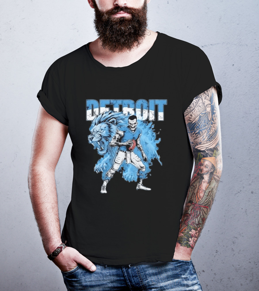 Detroit Lions Zombie Quarterback With Football And Fierce Lion T-Shirt
