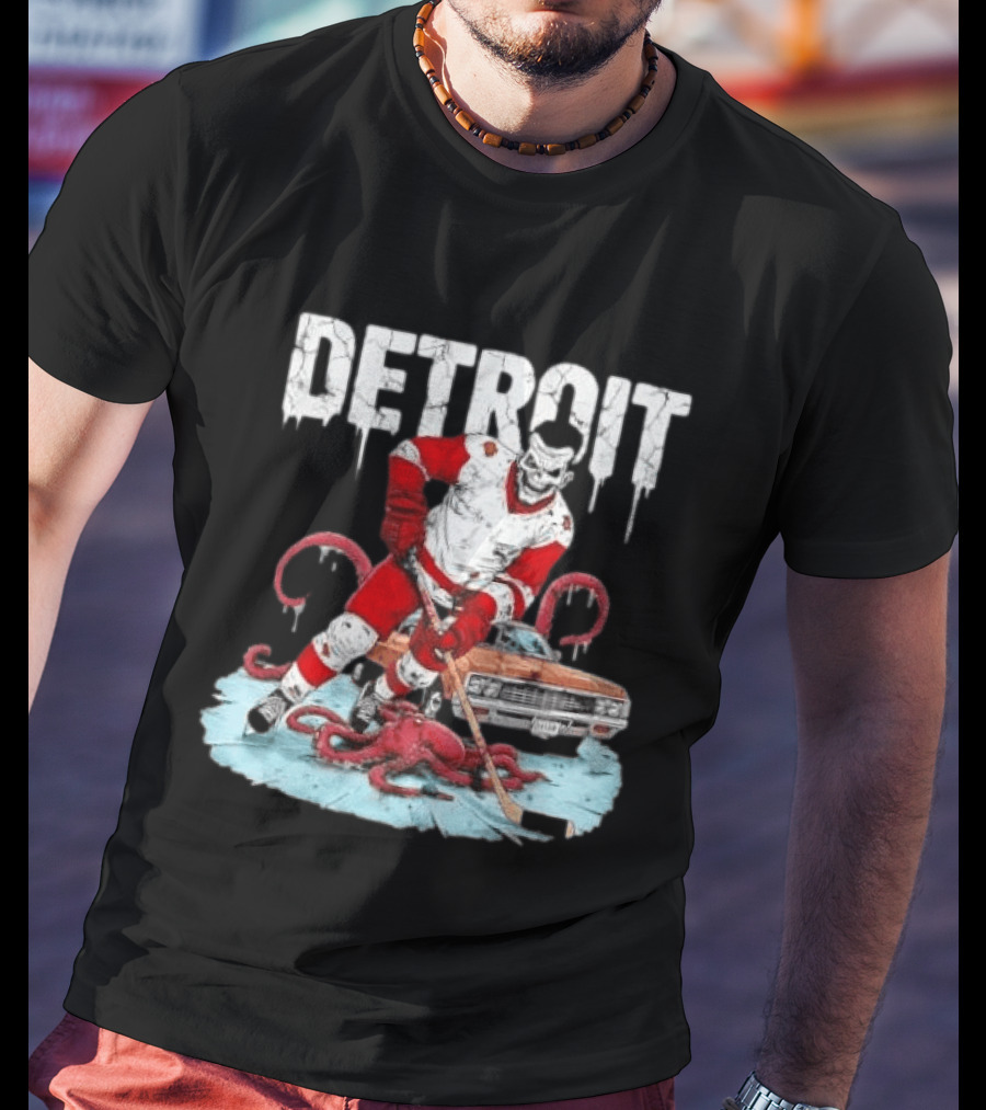 Detroit Red Wings Skull Hockey Player Tentacles Car T-Shirt