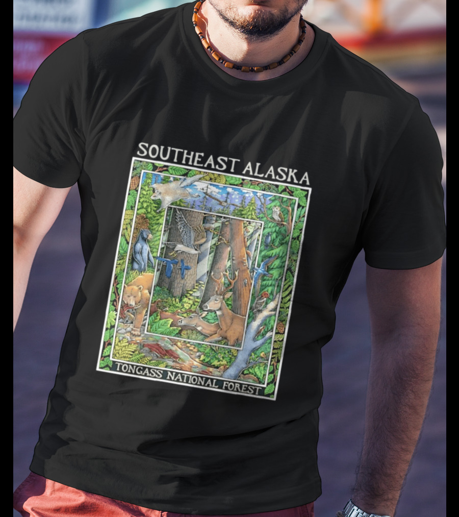 Southeast Alaska Tongass National Forest Wildlife Bear Deer Owl Wolf Bird T-Shirt
