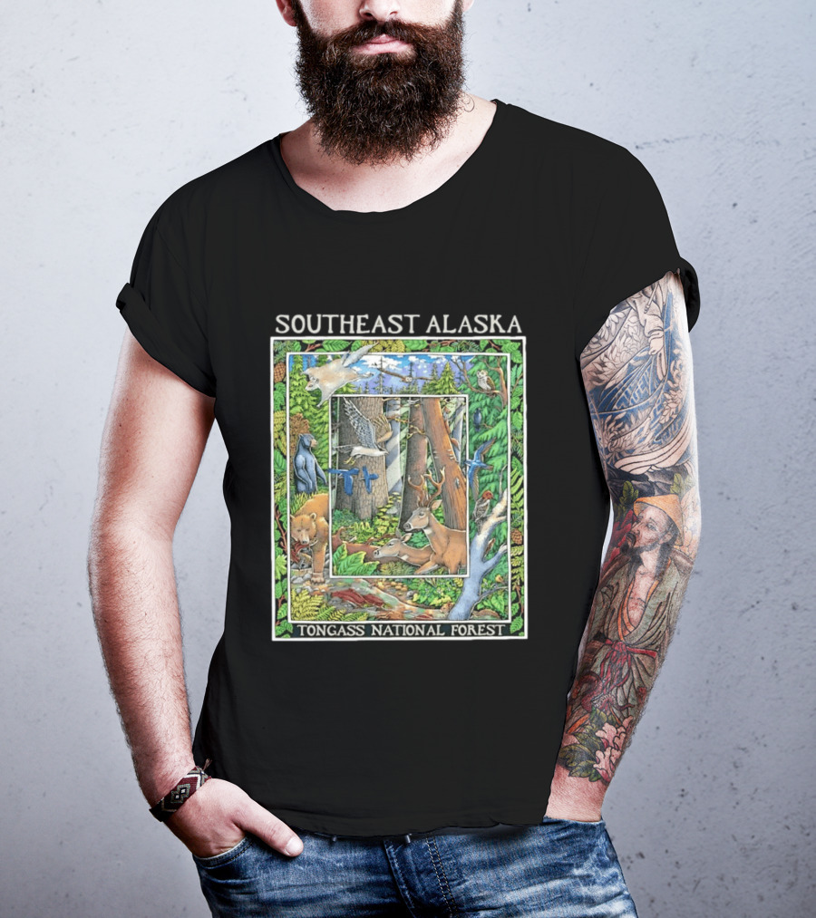 Southeast Alaska Tongass National Forest Wildlife Bear Deer Owl Wolf Bird T-Shirt
