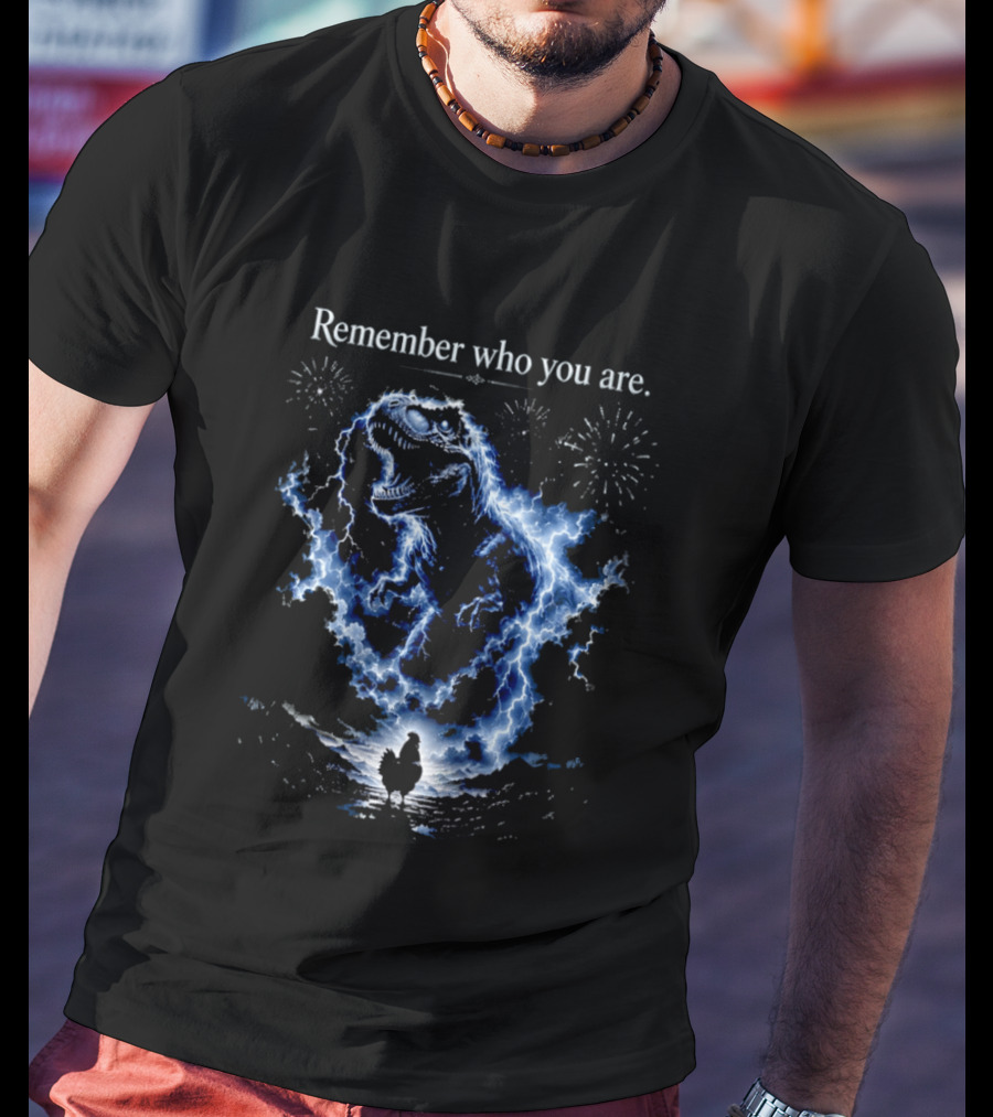 T Rex Chicken Evolution Remember Who You Are Lightning Fireworks T-Shirt