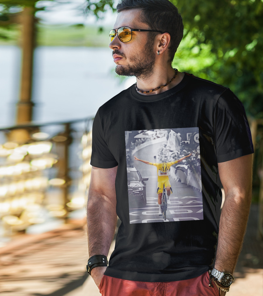Tadej Pogacar Victory Moment Tour De France Skoda UCL Cyclist In Yellow Jersey T-Shirt