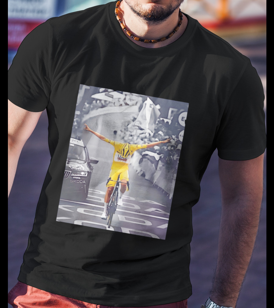 Tadej Pogacar Victory Moment Tour De France Skoda UCL Cyclist In Yellow Jersey T-Shirt