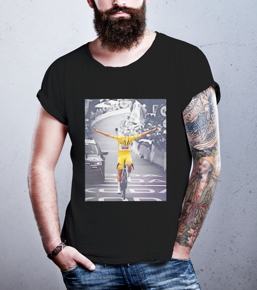 Tadej Pogacar Victory Moment Tour De France Skoda UCL Cyclist In Yellow Jersey T-Shirt