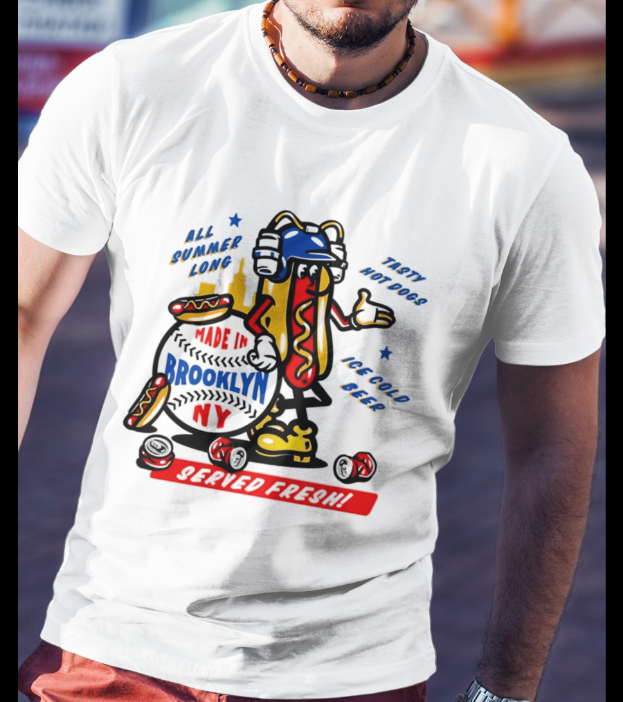 Made In Brooklyn NY Hot Dog With Ketchup All Summer Long Play Ball T-Shirt