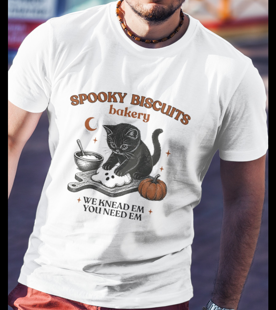 Spooky Biscuits Bakery We Knead Em You Need Em Cat Pumpkin Moon T-Shirt