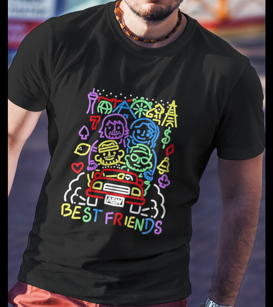 Best Friends AEW Neon Road Trip With Casino Icons And Landmarks T-Shirt