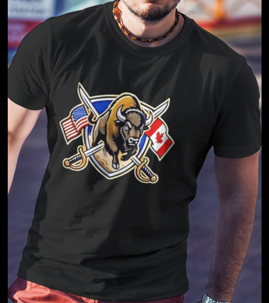 Buffalo Bison US Canada Flags North American Crossed Sabers T-Shirt