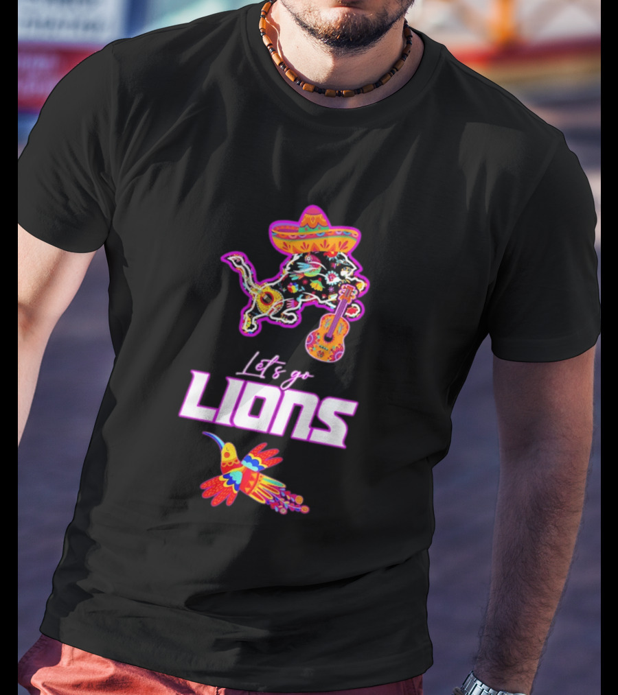 Let's Go Lions Hispanic Heritage Fiesta Mexican Folk Sombrero And Guitar T-Shirt