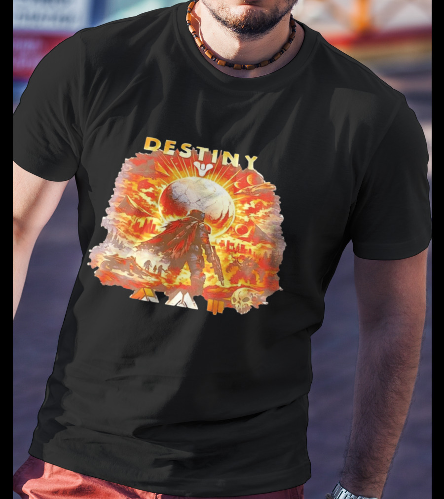 Destiny 3 Guardian Fireteam Solar Battle Scene With Traveler Sky Planet And Skull T-Shirt