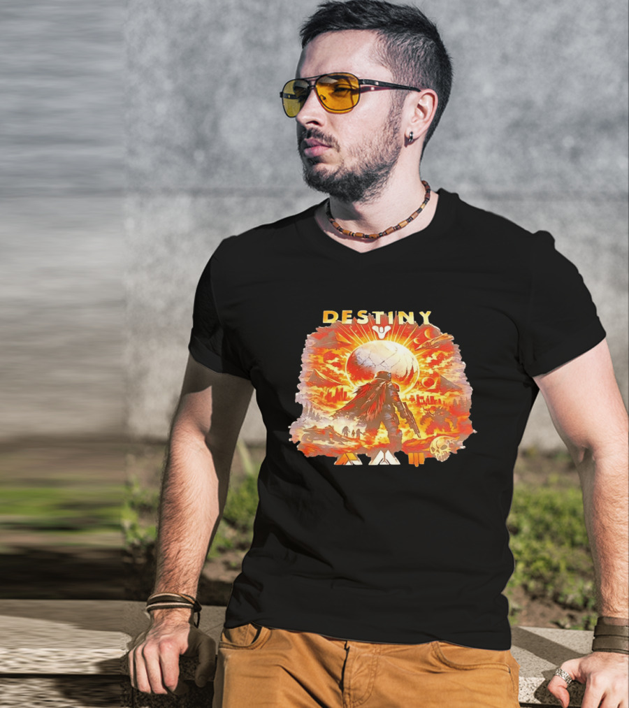 Destiny 3 Guardian Fireteam Solar Battle Scene With Traveler Sky Planet And Skull T-Shirt