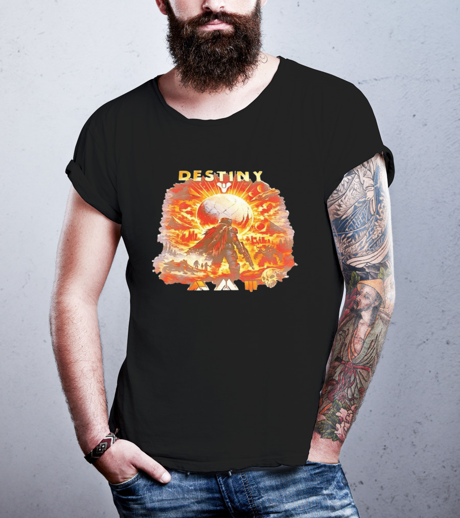 Destiny 3 Guardian Fireteam Solar Battle Scene With Traveler Sky Planet And Skull T-Shirt