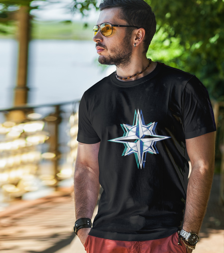 Seattle Mariners MLB 2026 Glitch Star With Baseball Seam Compass T-Shirt