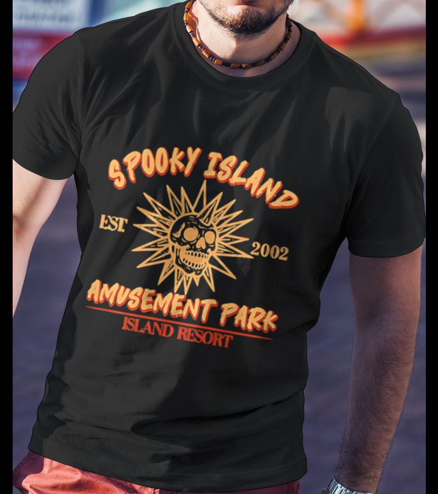 Spooky Island Amusement Park Est 2002 Island Resort Skull Sunburst T-Shirt