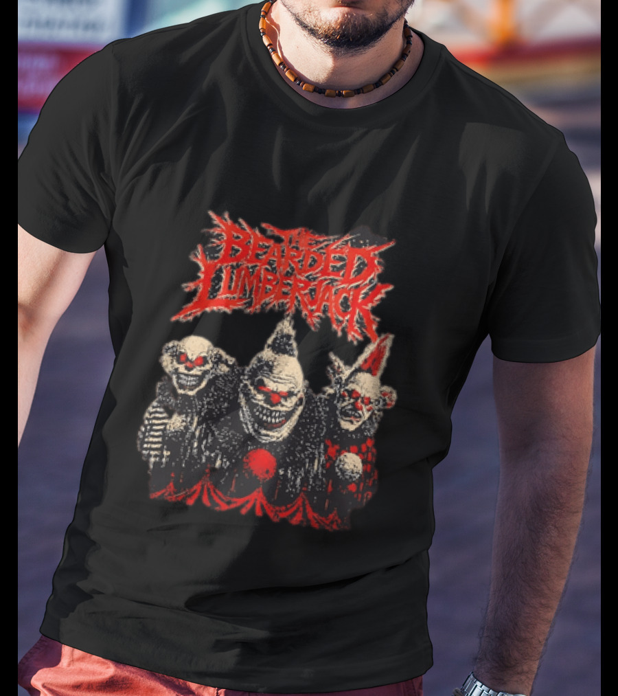 The Bearded Lumberjack Three Killer Clowns Horror Grinning Faces T-Shirt