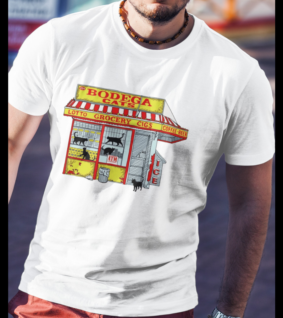 Bodega Cats Grocery Cigs Lotto Coffee Beer Ice ATM T-Shirt