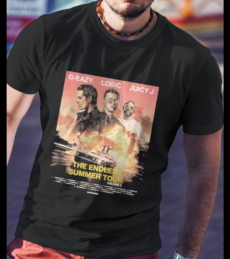 G Eazy Logic Juicy J The Endless Summer Tour Volume 2 2026 Retro Car Palm Trees T-Shirt