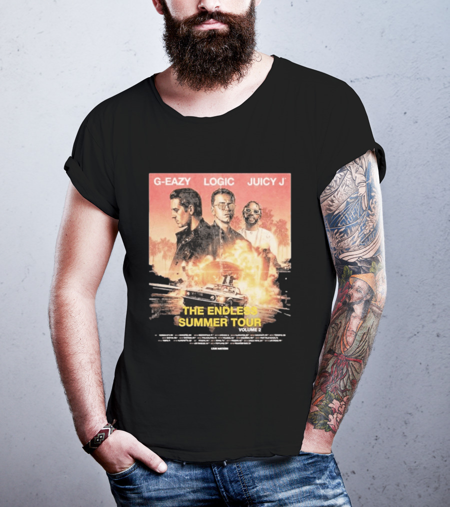 G Eazy Logic Juicy J The Endless Summer Tour Volume 2 2026 Retro Car Palm Trees T-Shirt