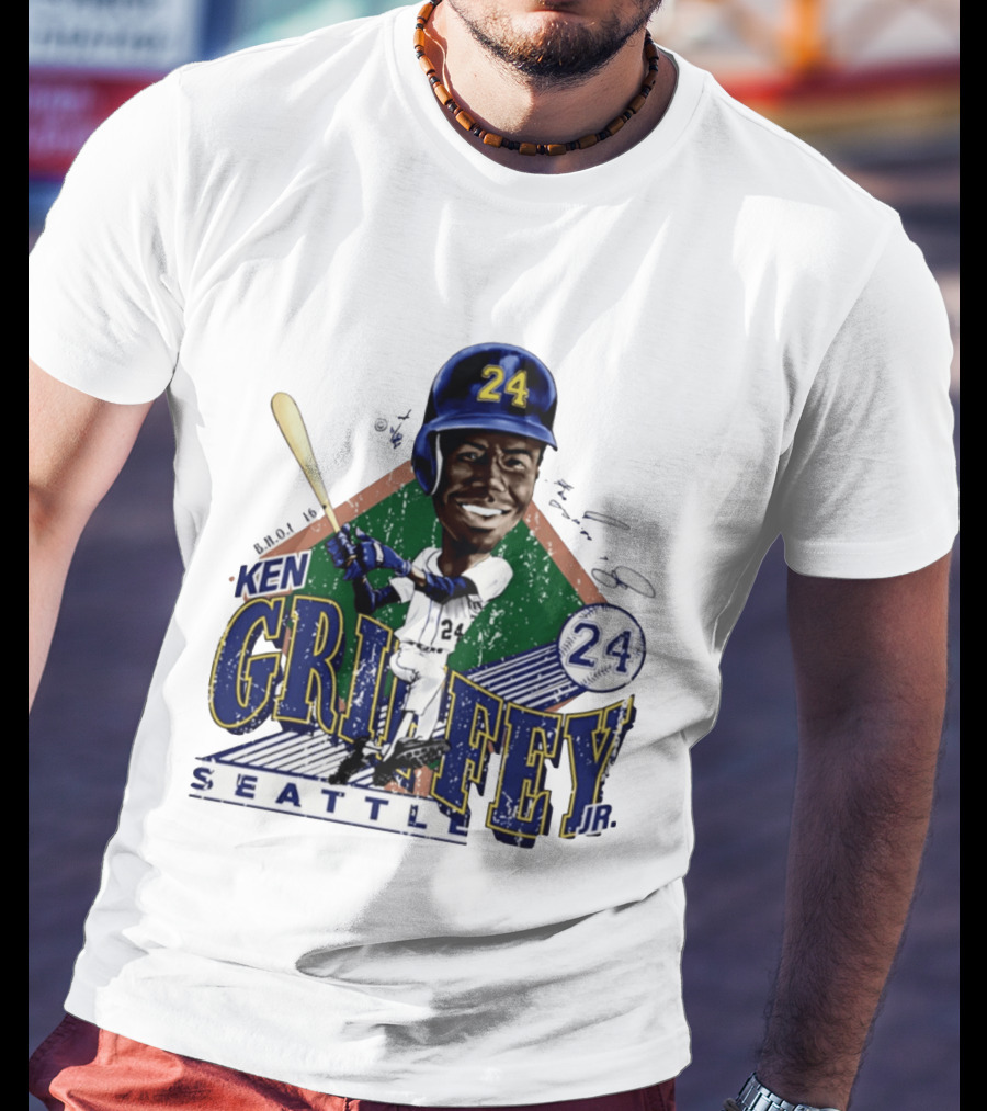 Ken Griffey Jr. Seattle Mariners 24 Baseball Batting Illustration Bruce Stark Collection T-Shirt