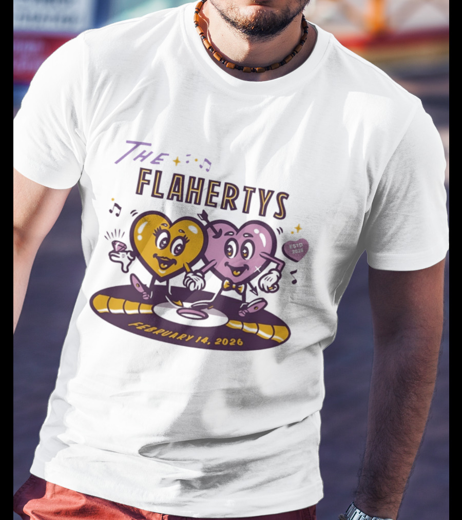The Flahertys February 14 2026 Dancing Wedding Hearts With Music Notes T-Shirt