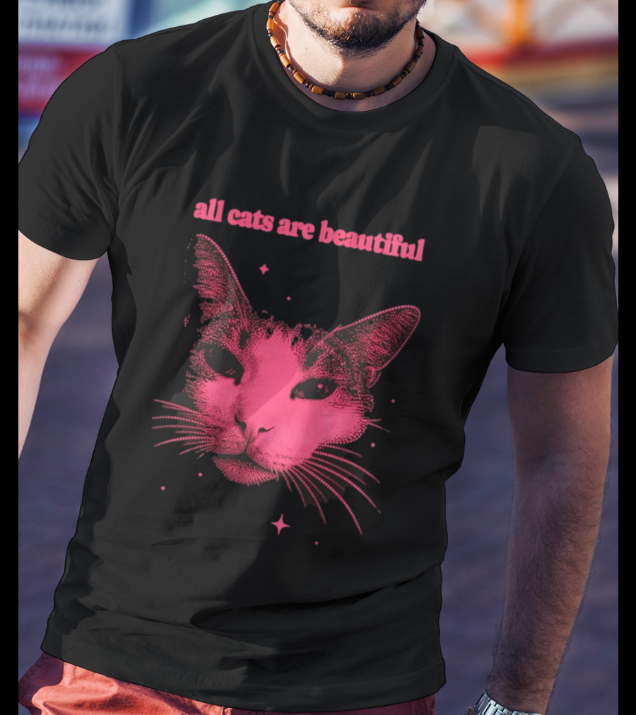 All Cats Are Beautiful Pink Halftone Cat Face With Stars T-Shirt