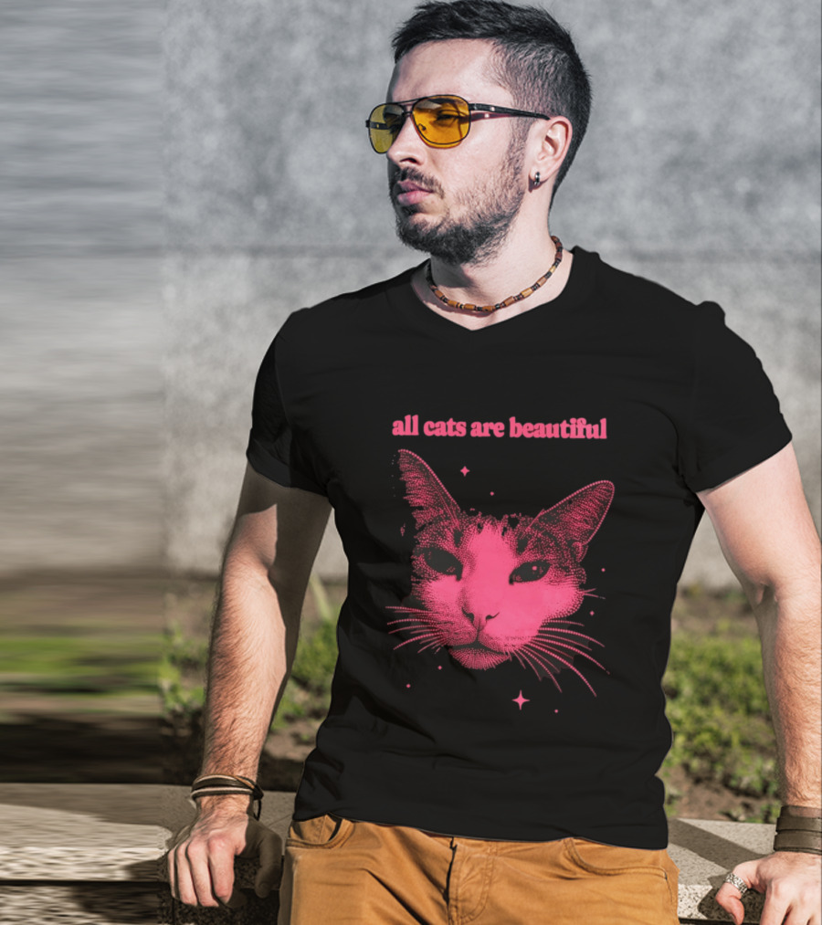 All Cats Are Beautiful Pink Halftone Cat Face With Stars T-Shirt