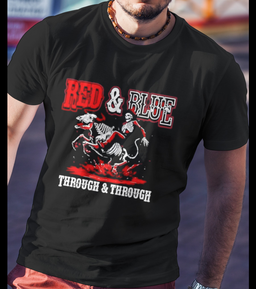 Red And Blue Through And Through Skeleton Cowboy Riding Horse T-Shirt