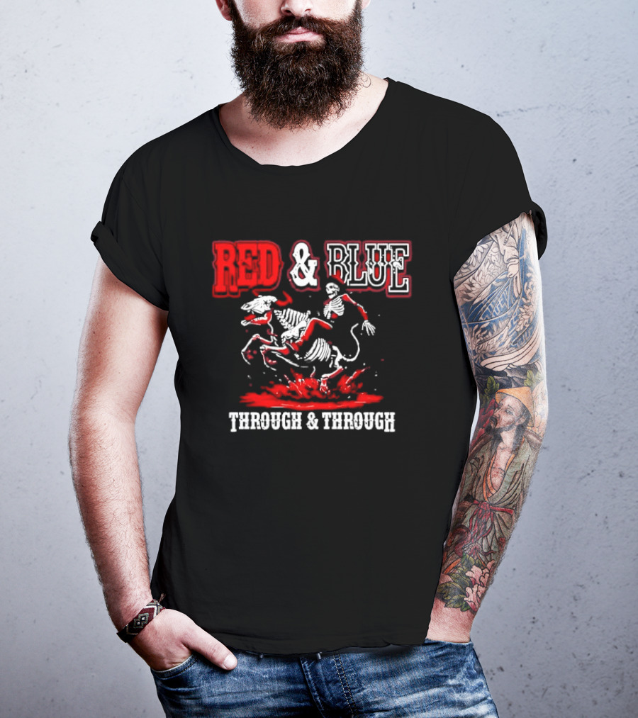 Red And Blue Through And Through Skeleton Cowboy Riding Horse T-Shirt