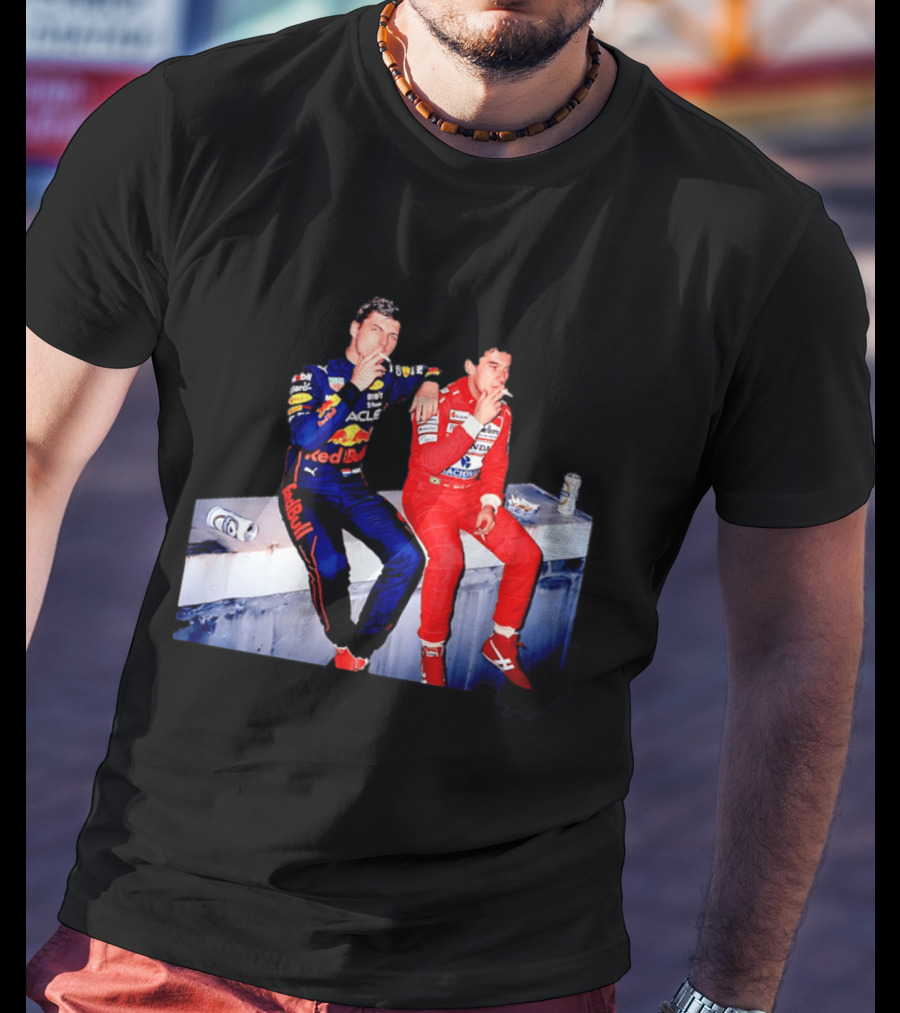 Max Verstappen Red Bull Racing And Ayrton Senna Honda Marlboro F1 Legends Smoking Together T-Shirt