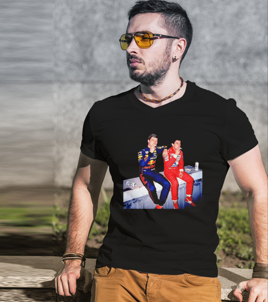 Max Verstappen Red Bull Racing And Ayrton Senna Honda Marlboro F1 Legends Smoking Together T-Shirt