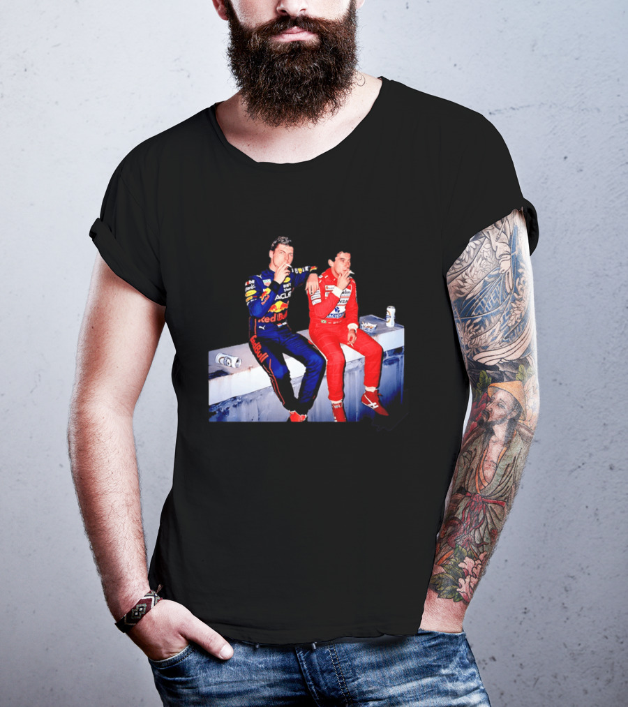 Max Verstappen Red Bull Racing And Ayrton Senna Honda Marlboro F1 Legends Smoking Together T-Shirt