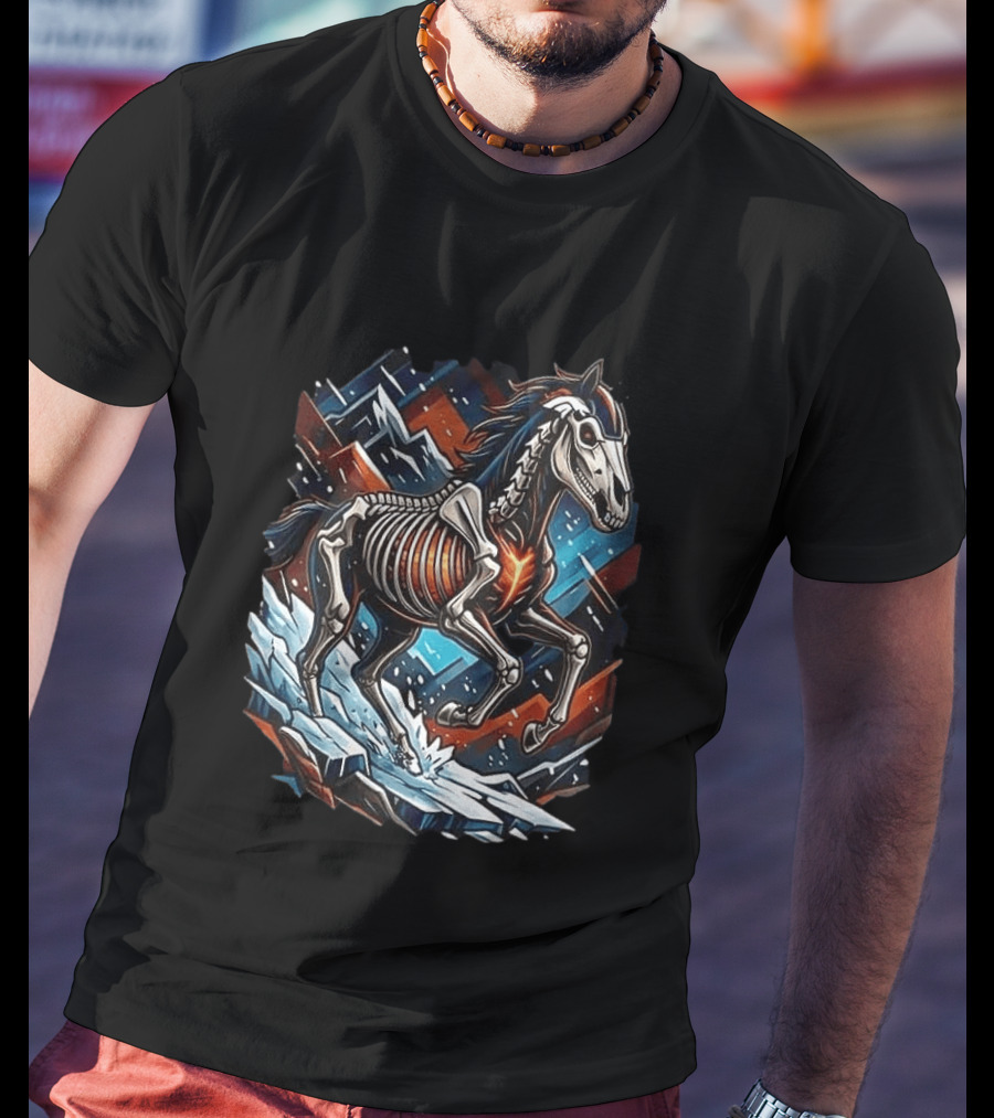 Denver Broncos Runs In My Blood Skeleton Horse And Mountains T-Shirt